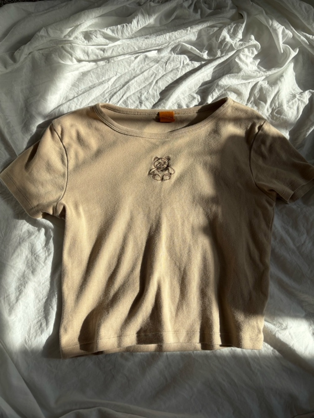 S Beige Embroidered Bear Crop Top - Women